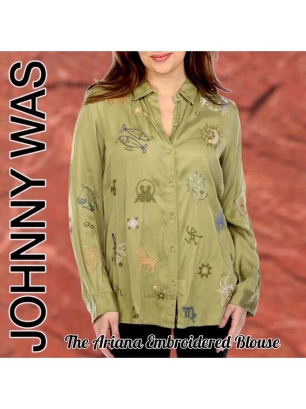 JOHNNY WAS Pistachio Green Embroidered Silk/Rayon Button-Back Blouse NWT/Sm